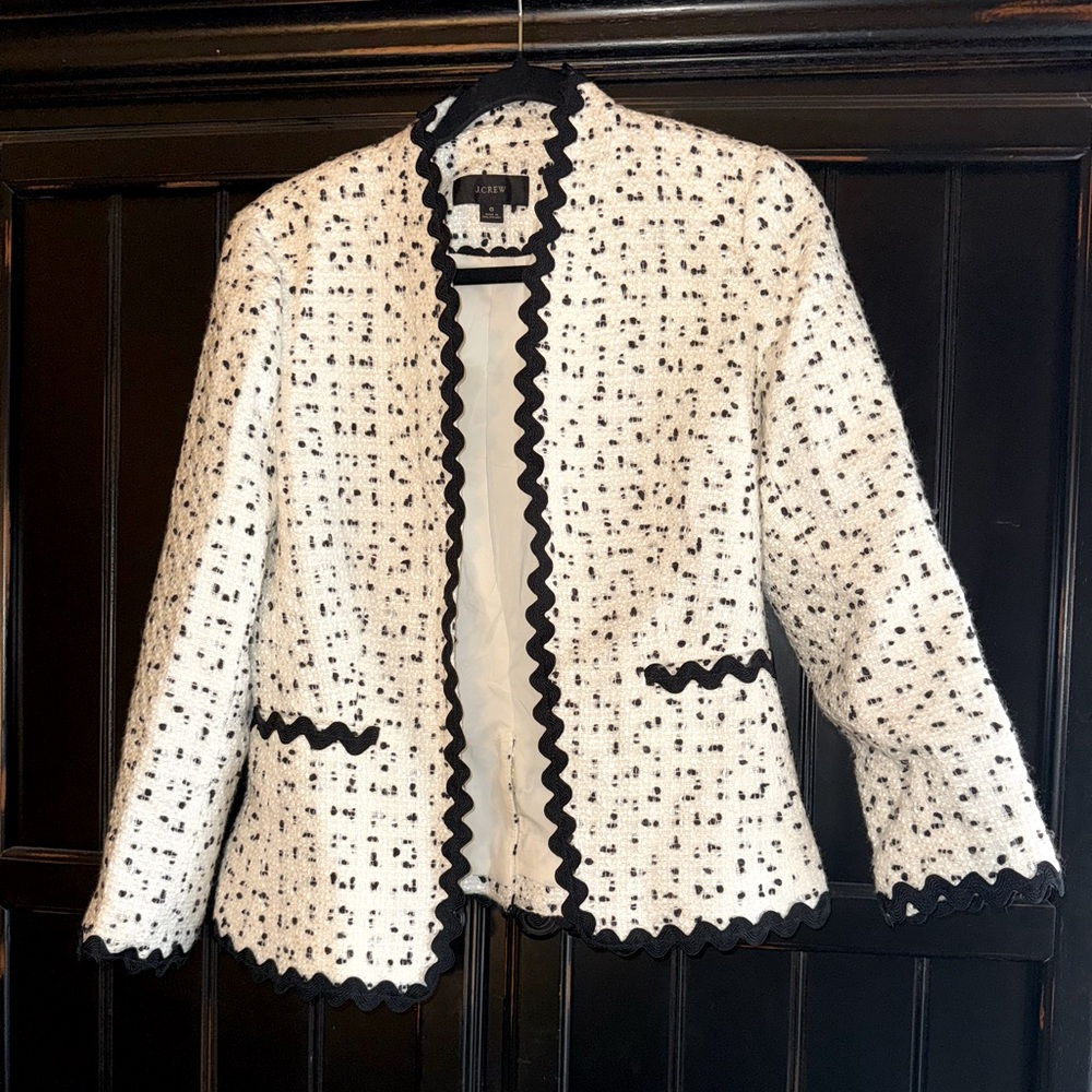 J. Crew White Tweed Blazer with Black Trim